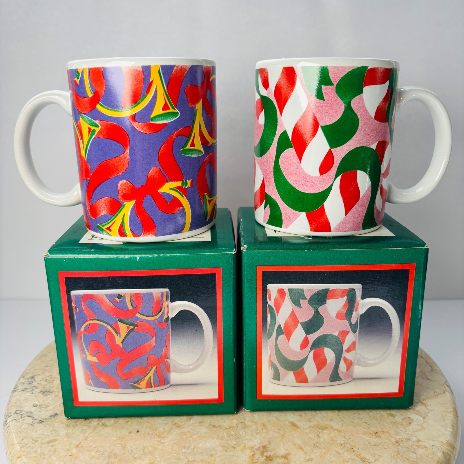 Vintage Retro Century Stoneware Thailand Mug Set Candy Cane French Horns Cup