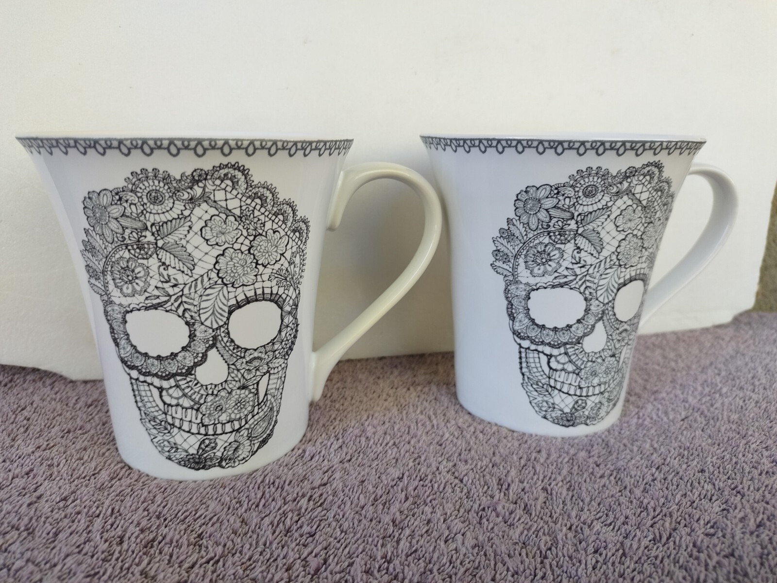 222 Fifth “Skull Lace” Black & White Porcelain Cups Mugs Set of 2