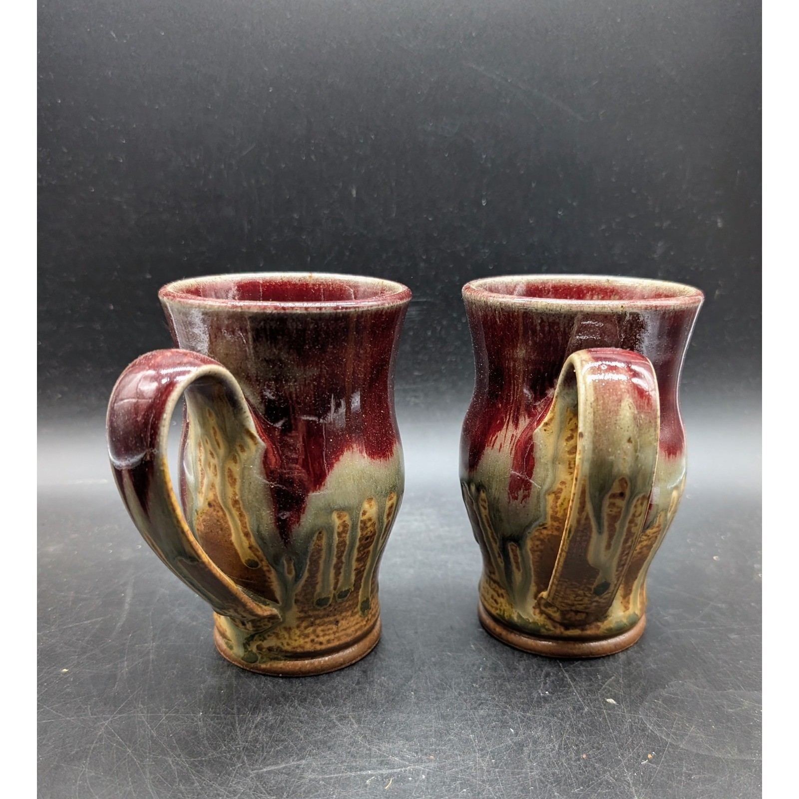 Ray Studio Pottery Signed Mugs Set of 2 Burgundy Green Drip Glaze Stoneware