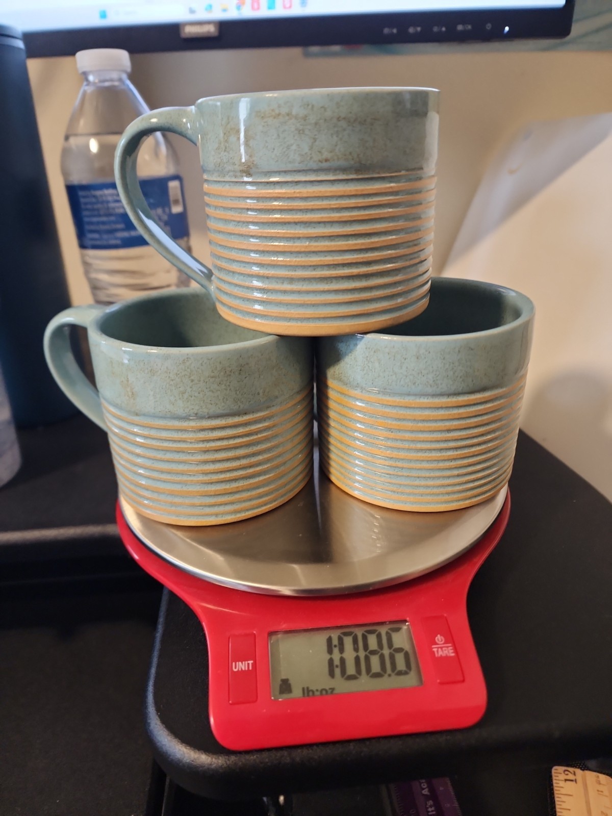 Set of 3 Handmade Coffee Cups 8oz Aqua w/ Tan Etched Stripes from ACP in Nepal
