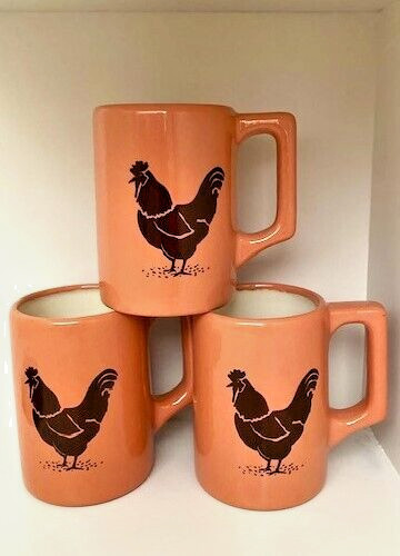 Chicken Mugs Diner Style Set of 3 Unique Vintage Cups Peach Color Rustic MCM