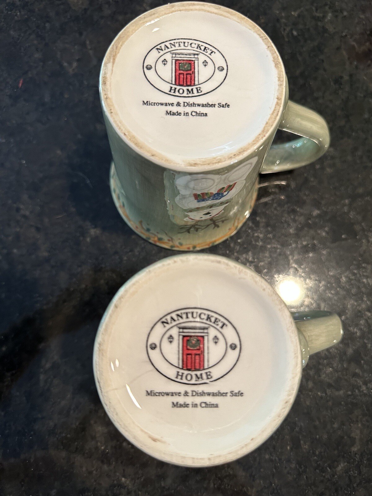 2 Nantucket Home Green Porcelain Coffee Tea Mugs Cups Christmas Holidays Santa