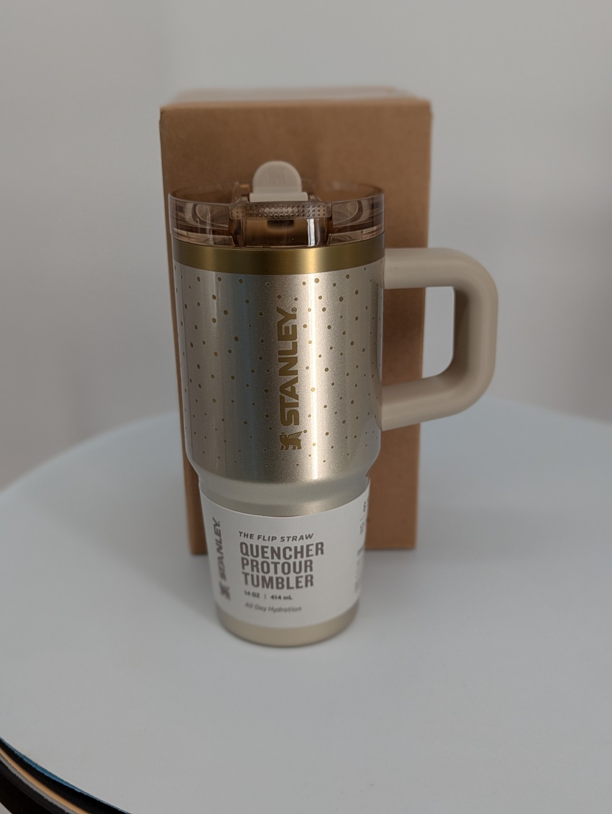 new STANLEY Protour Tumbler water bottle cup 14OZ Prosecco Shimmer Gold NO spill