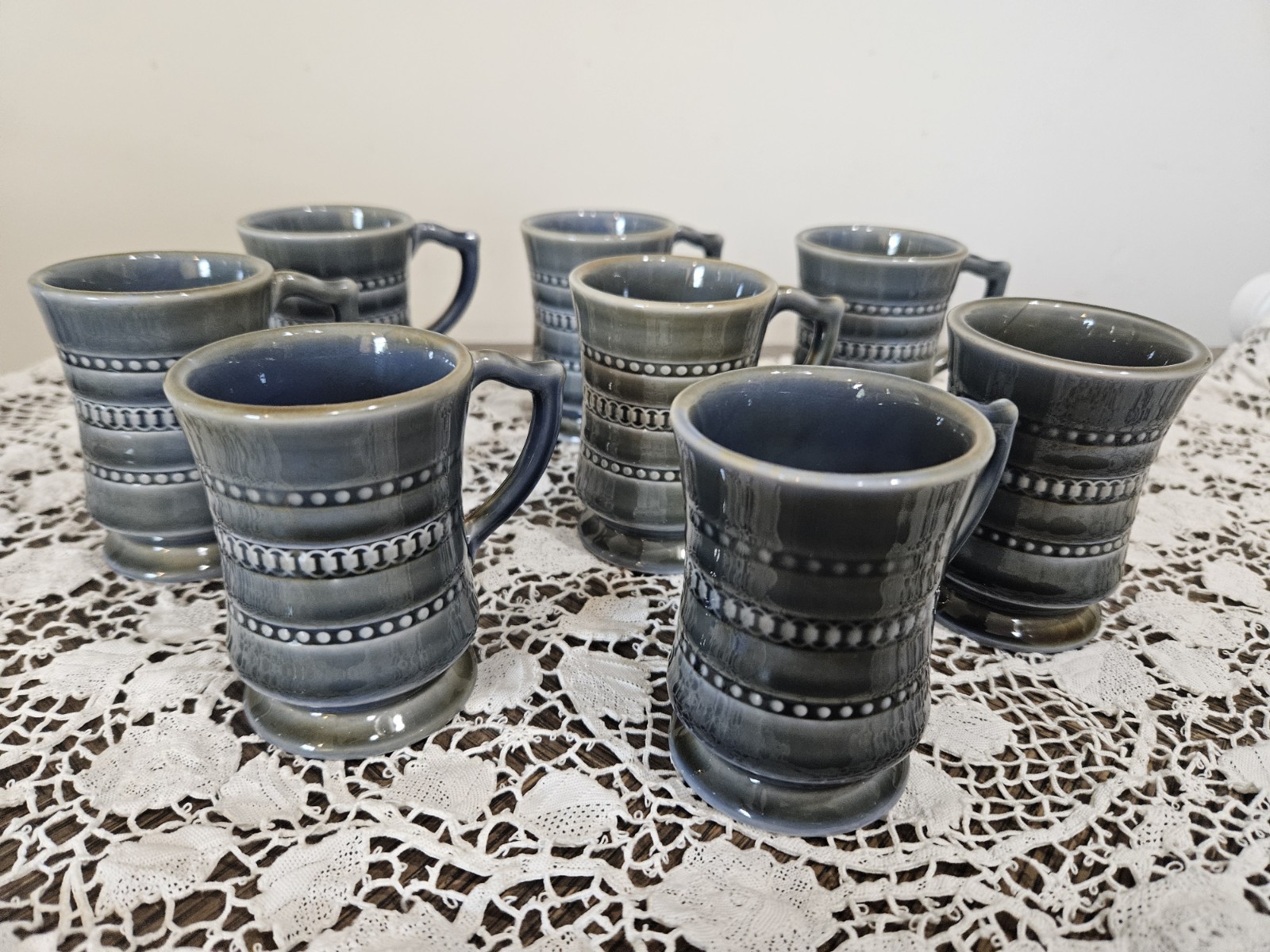 Wade Ireland Porcelain 8 Small Demitasse Shot Mugs Blue Green Glaze Shamrock
