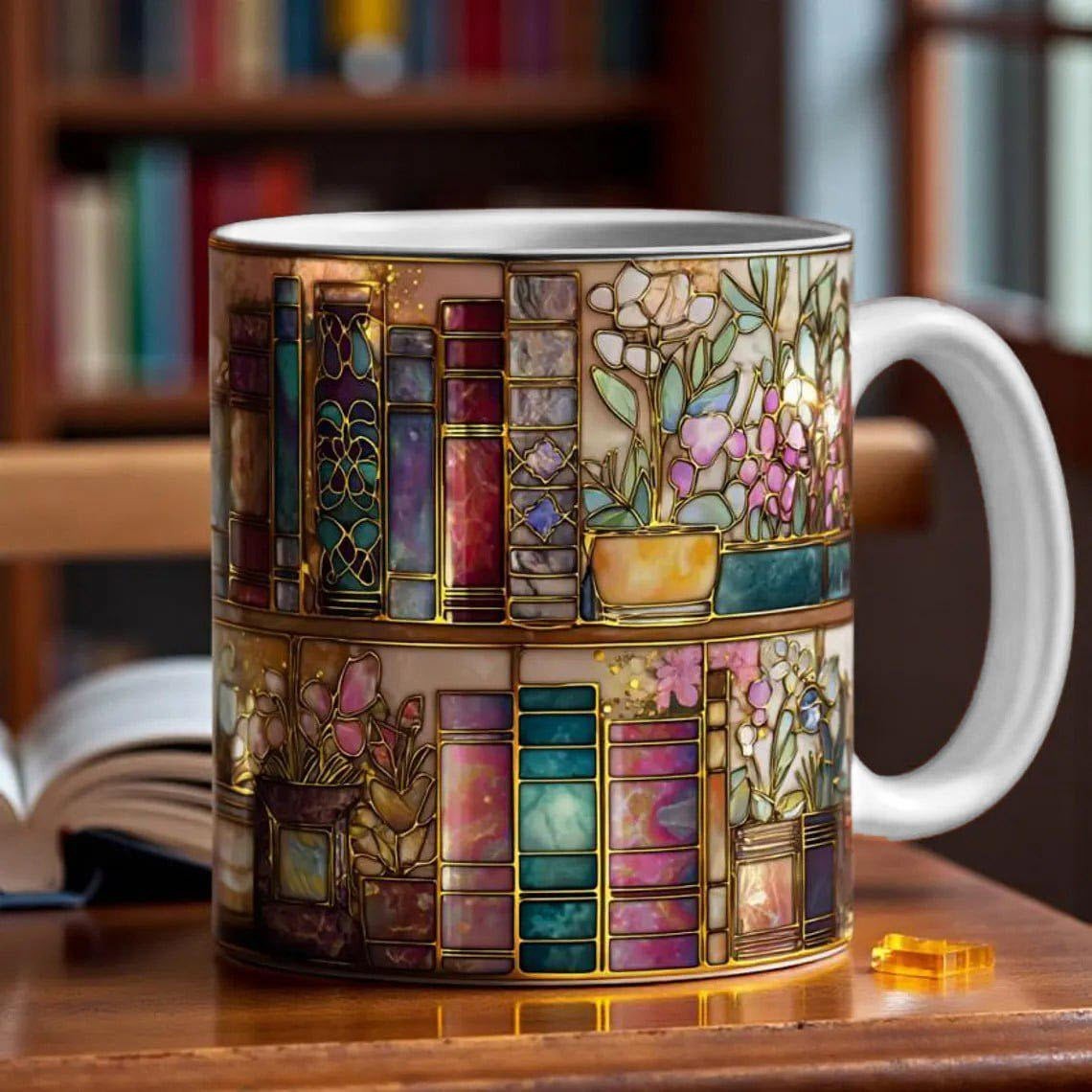 Bookish Faux Stained Glass Mug Colorful Books Flowers Ceramic Coffee Cup Gift
