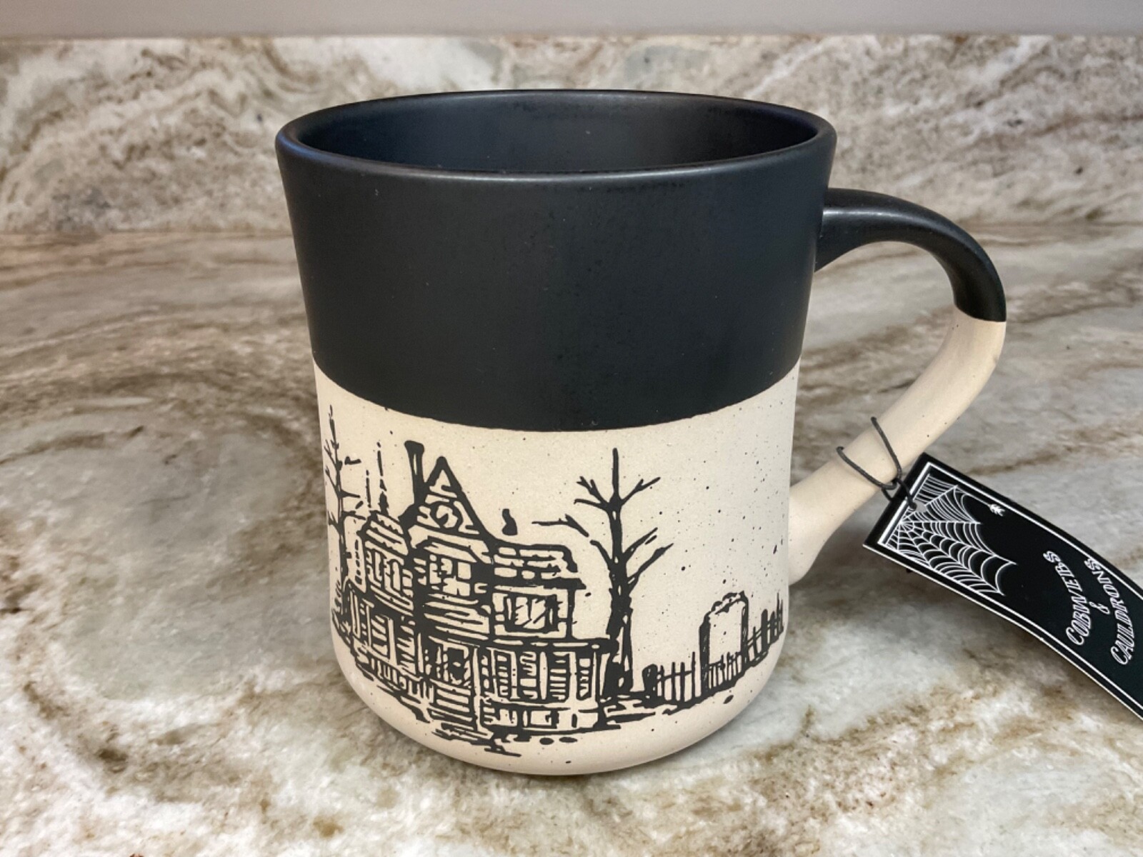 Large Coffee Mug Halloween Scary Haunted House. Cobwebs & Cauldrons New