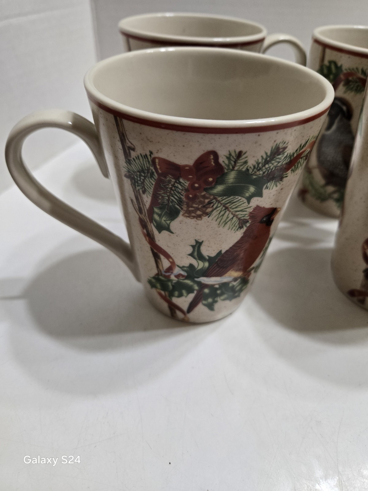 Vintage BLOCK BASICS ” Festive Ribbon ” Set Of (4) Winter Bird Pattern…