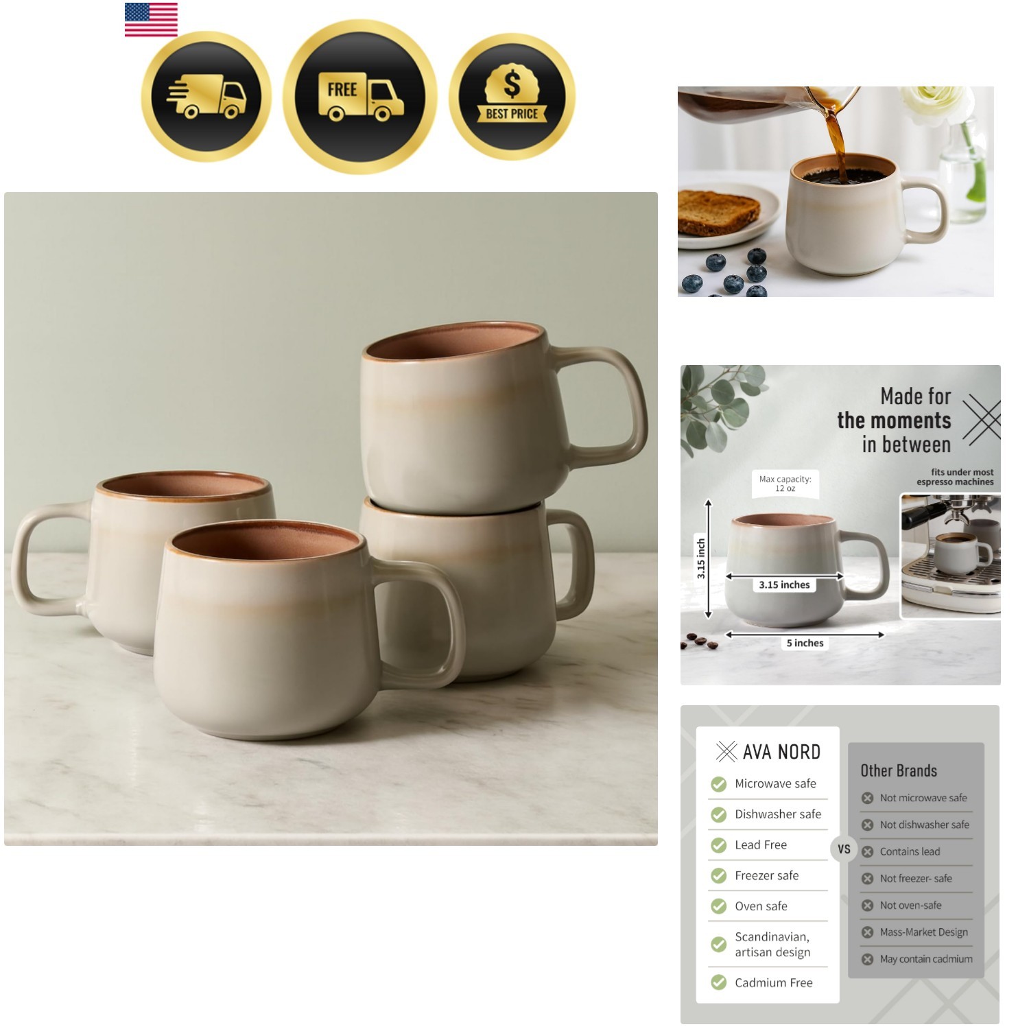 Ceramic Coffee Mugs Set of 4 | 12 oz Stoneware Coffee Cups | Lead-Free, Non-T…