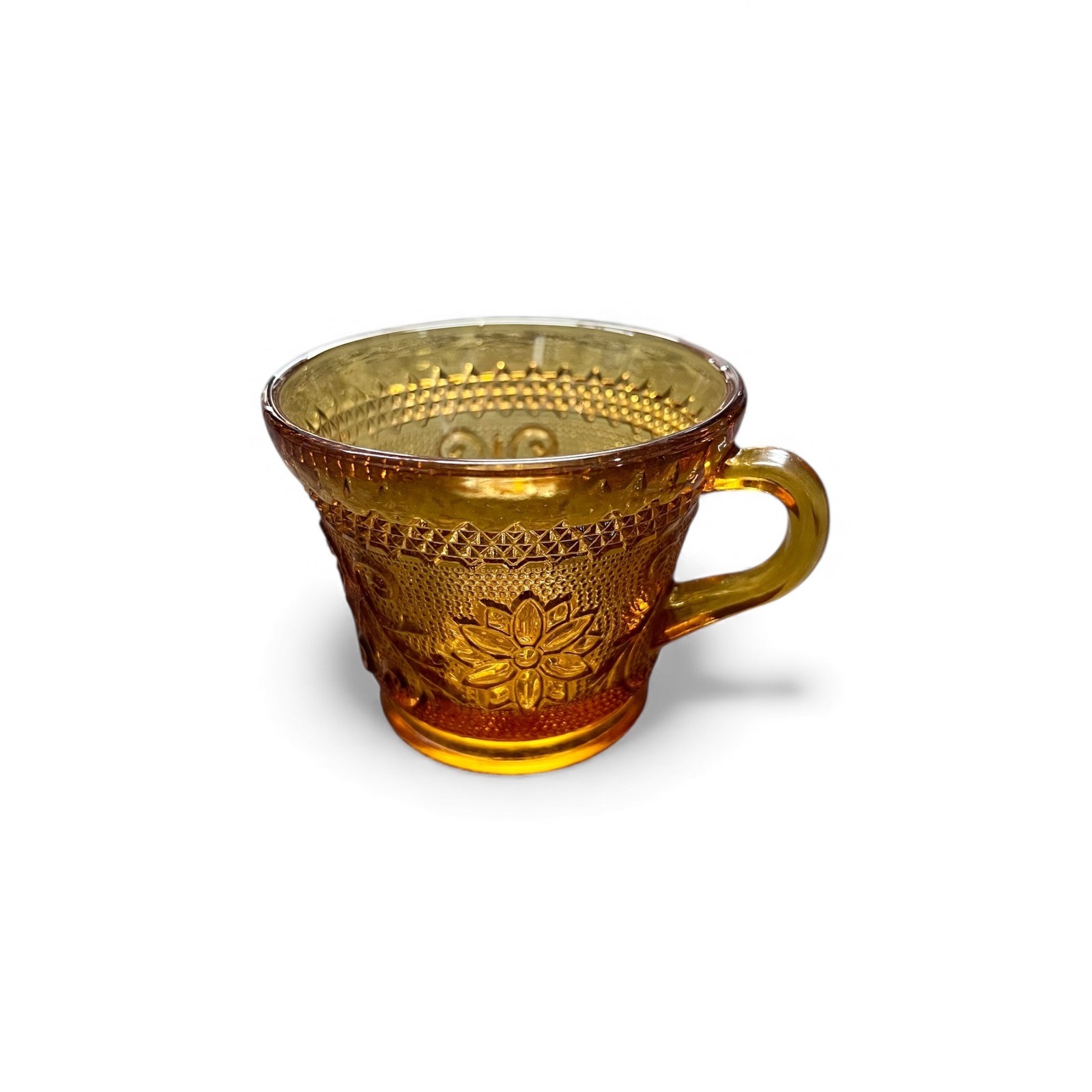 Vintage Tiara Amber Glass Teacup Set Ornate Floral Pattern Vintage Set of 4