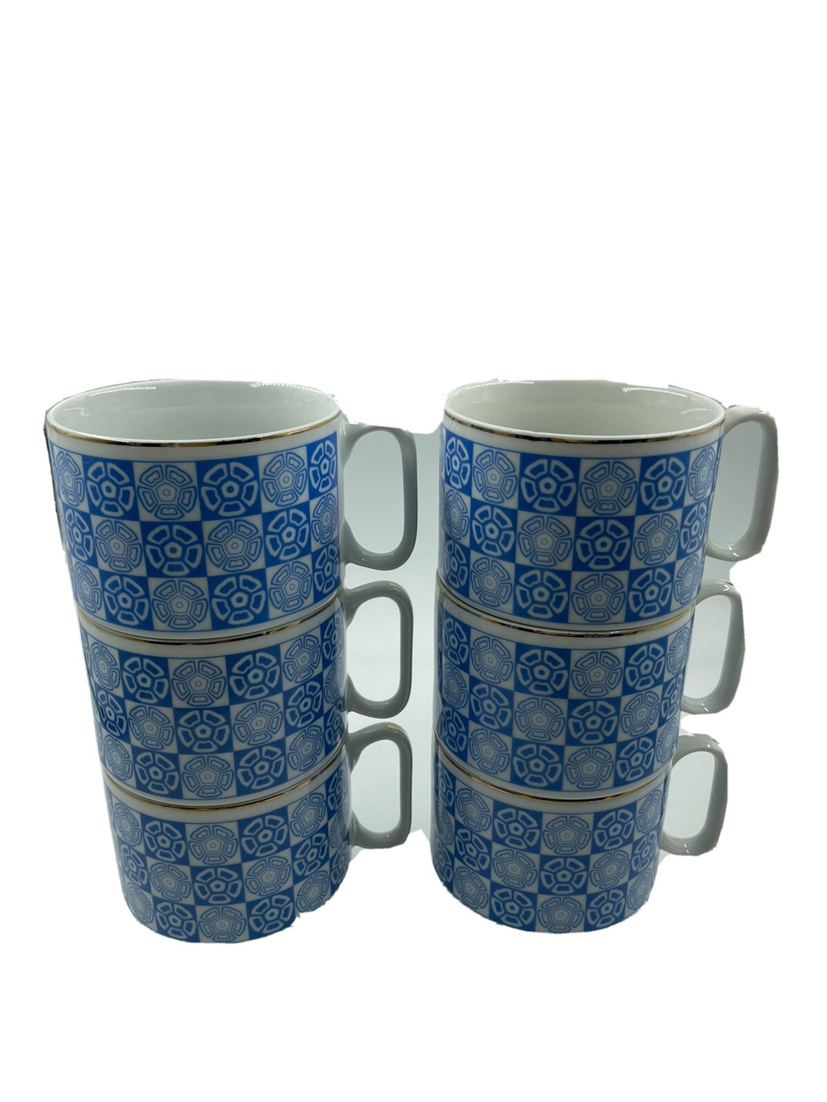 Mid Century Modern 6 Pc Stackable Mugs-Ceramic-Blue Floral