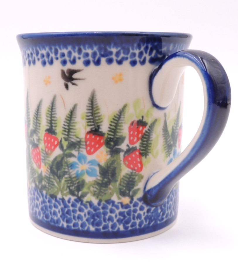 NEW Polish Pottery Cup Mug Kalich Boleslawiec #455 Strawberries Birds RARE