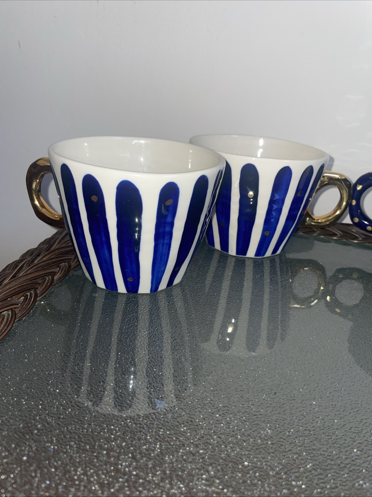 Anthropologie Bridget Bodenham Mug Set Blue Stripe Polka Dot Gold Boho Pottery