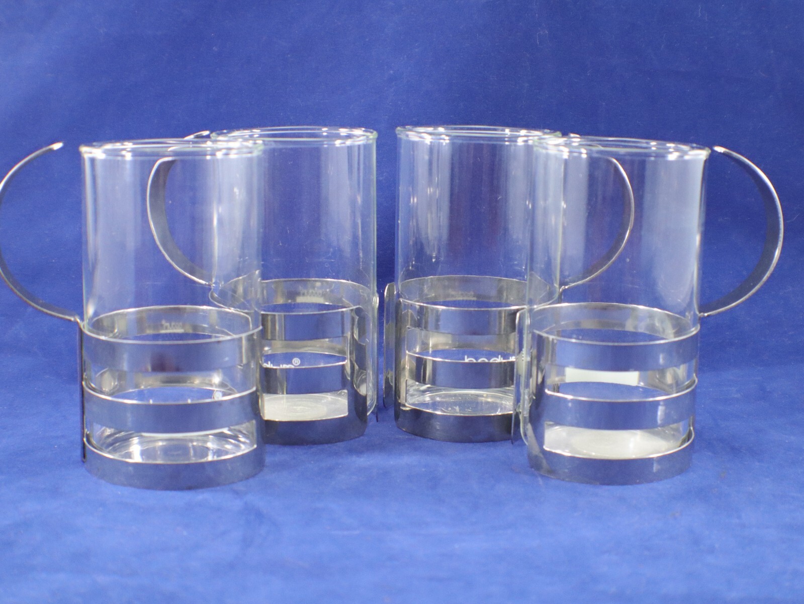 Bodum GLASS COFFEE CUPS Tea Mug Metal Holder 2-Piece Set of 4 Vintage