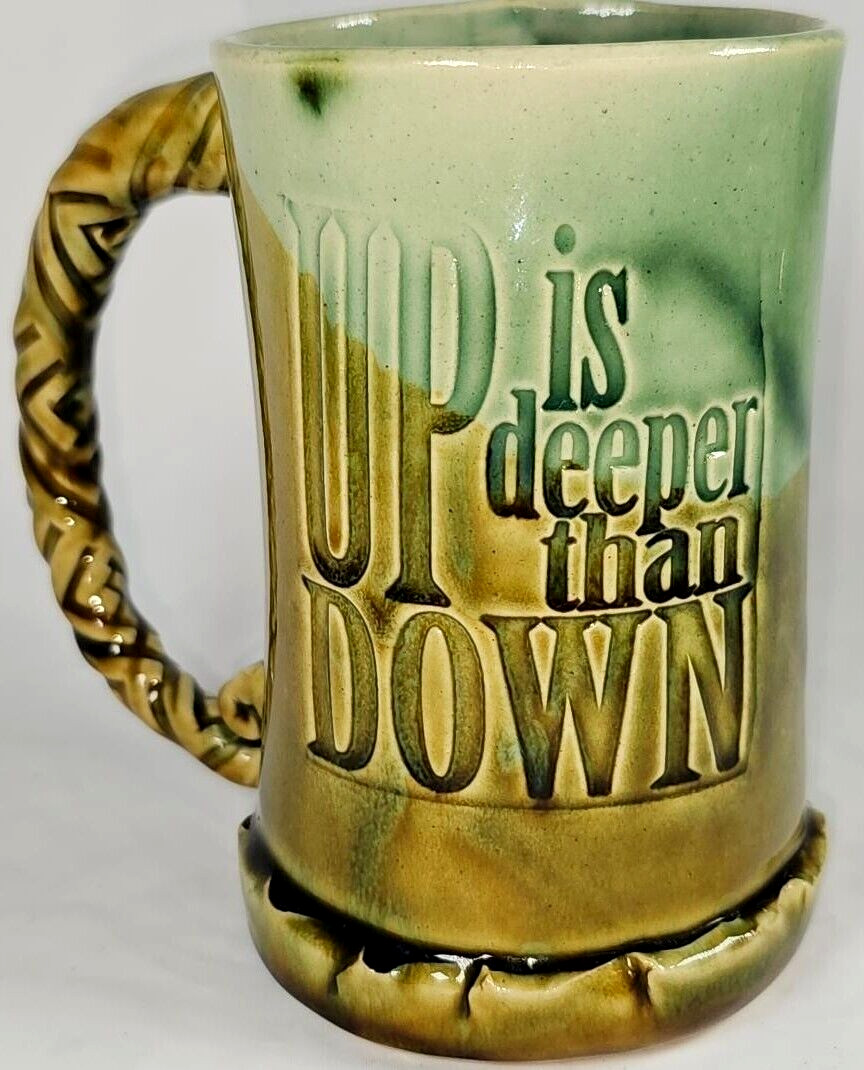 Terra Cottage Hand Thrown Mug Hear the Art Green Brown Up is Deeper than Down