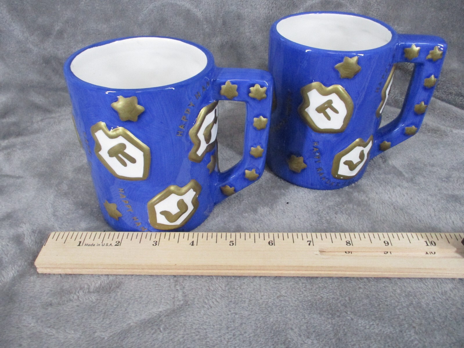 Happy Hanukkah Coffee Mug Set Large Handpainted Ceramic Vintage 1998 2 Piece GAC