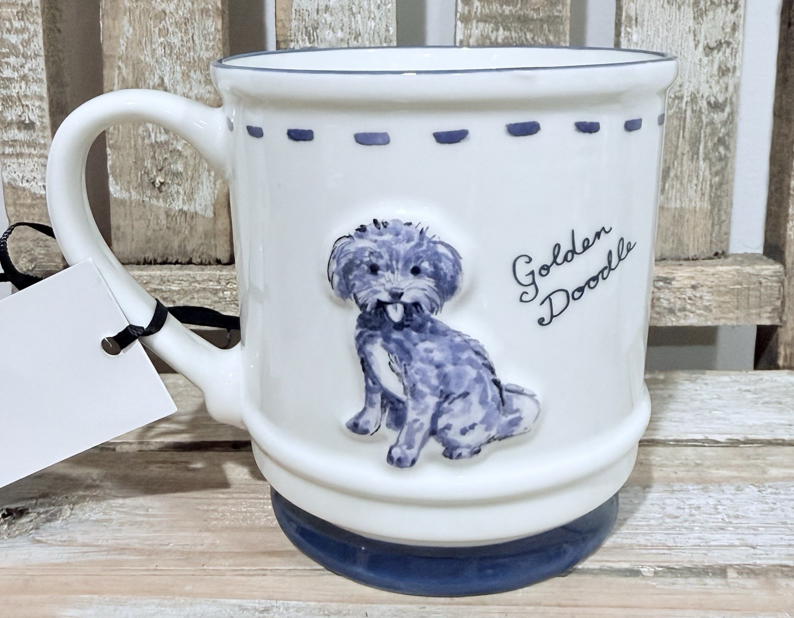 NEW Dwell Studio Golden Doodle 16oz White/Blue Ceramic/Porcelain Coffee Dog Mug