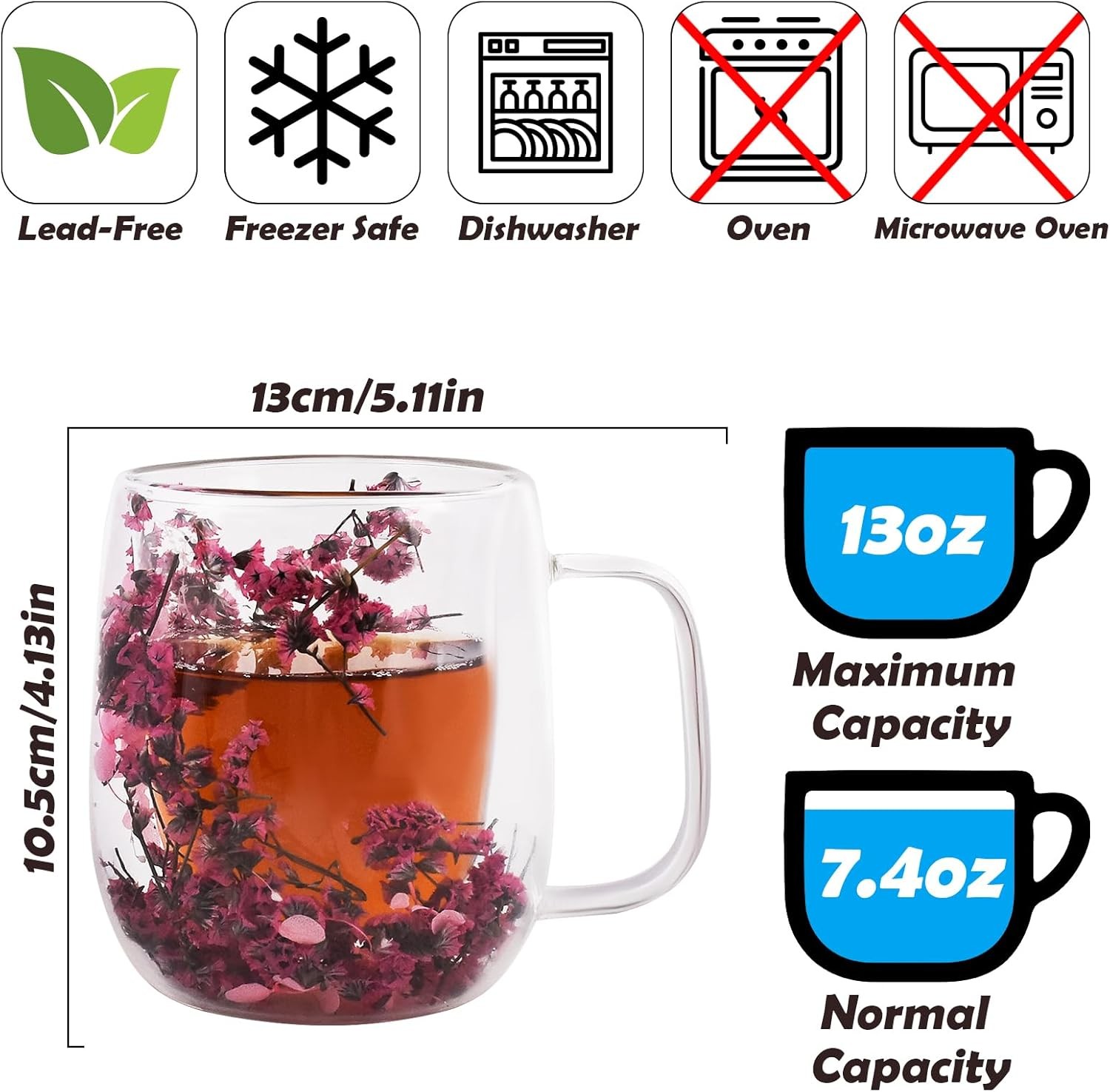 Real Flower Glass Tea Cup, Double Wall Borosilicate Coffee Mug with Preserved