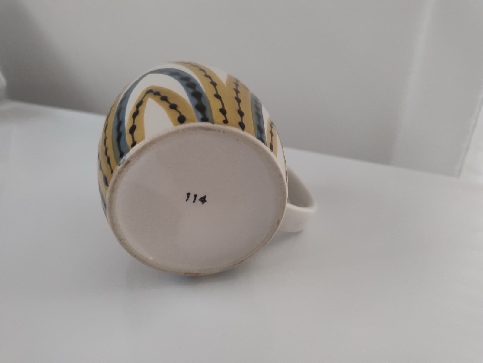 Geometric Decorated Ceramic Coffee Mug, White/Blue/Yellow, Contemporary Round