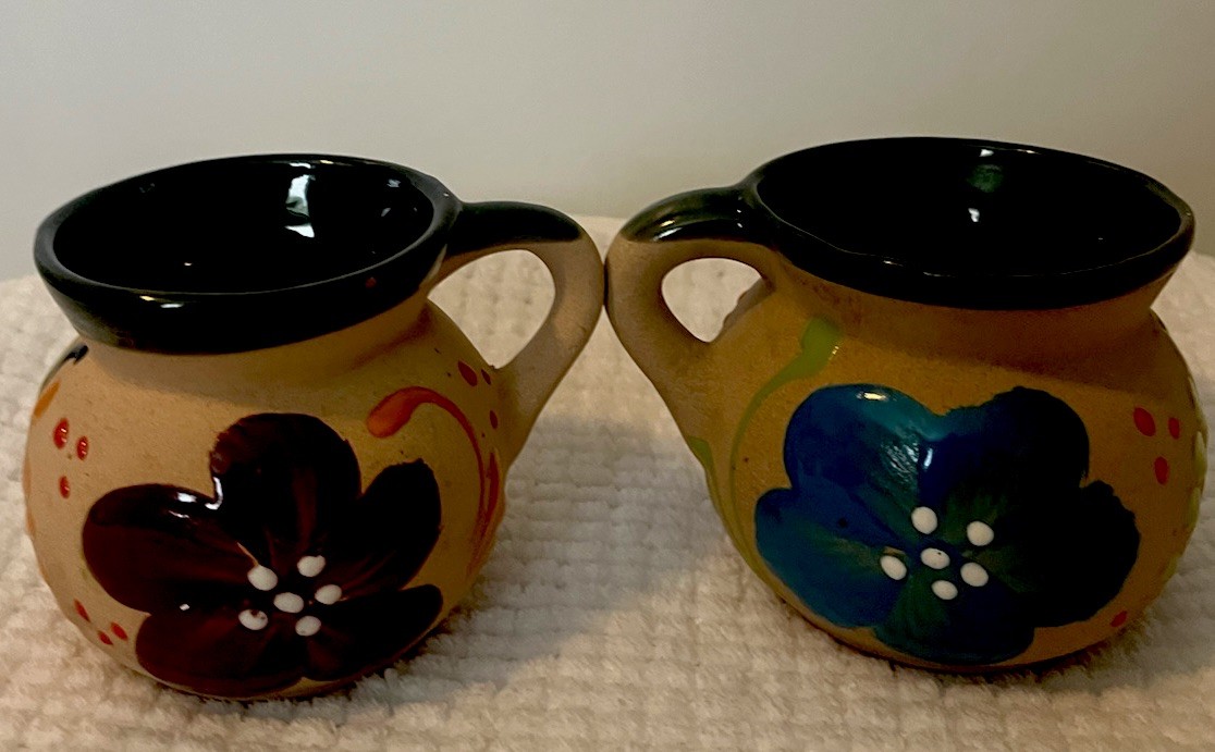 Hand-Painted Mexican Ceramic Coffee Mug Set of 2, 8 fl oz, Round Beige/Blue