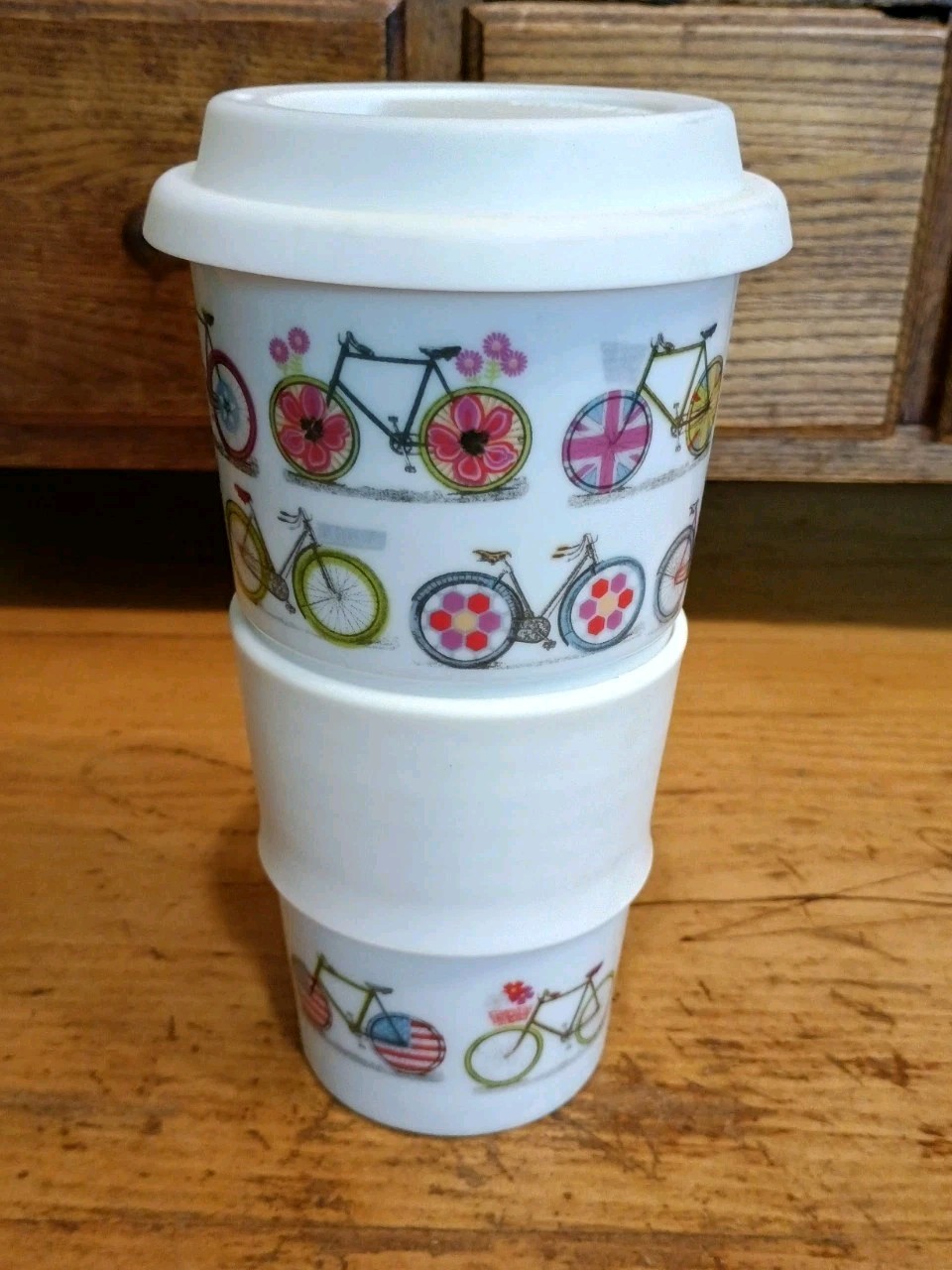 World Market Bicycle Ceramic Travel Mug with Grip and Lid – White