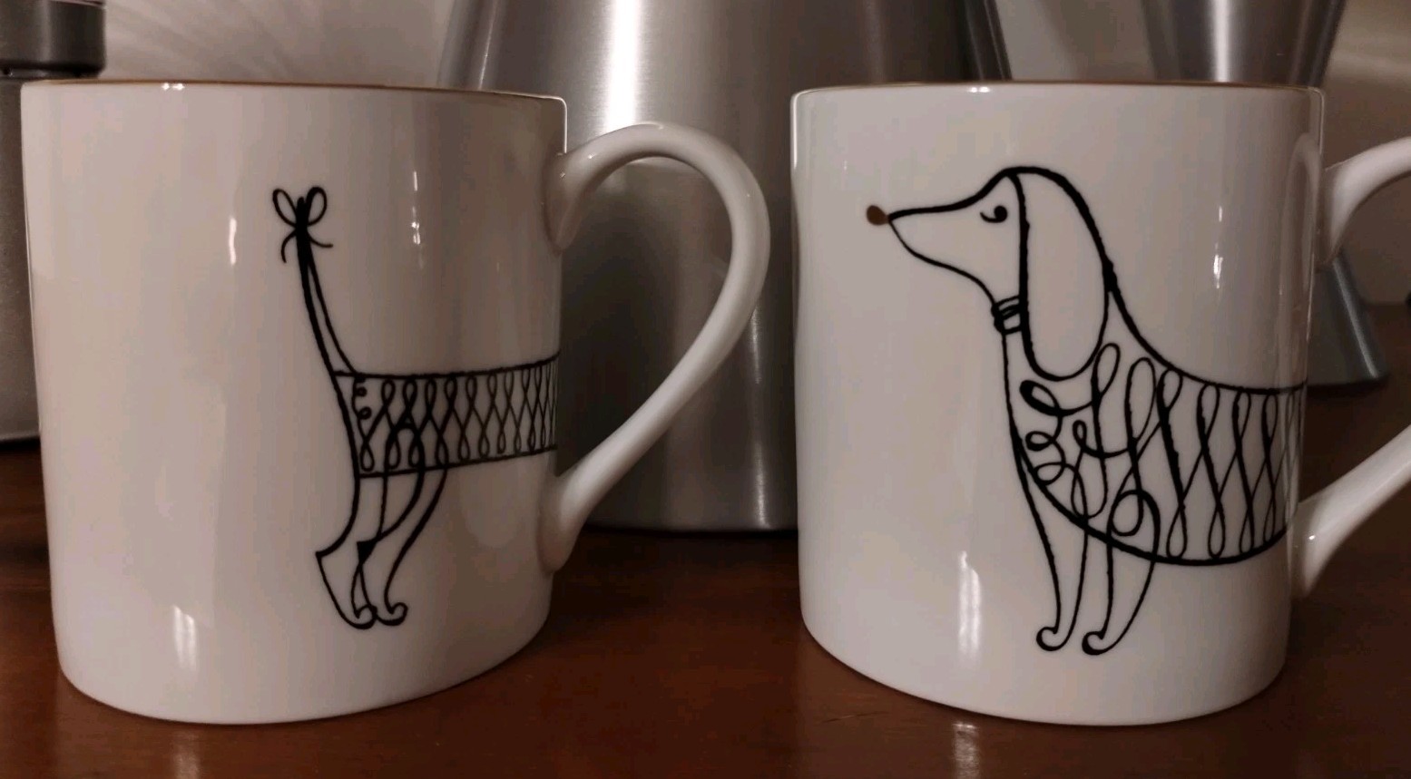 Kate Spade Lenox ~ Jingle All The Way Dachshund Dog Mugs Gold Rim Set of 2 White