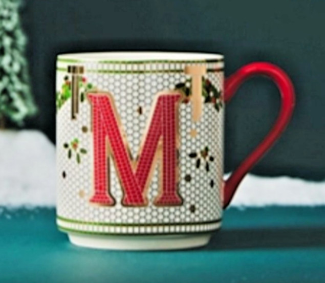 NEW ANTHROPOLOGIE FESTIVE BISTRO TILE MONOGRAM INITIAL CHRISTMAS HOLIDAY MUG M