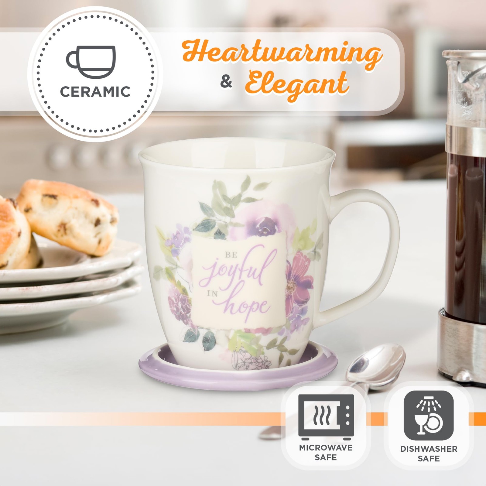 Christian Art Gifts Lavender Floral Ceramic Coffee Mug with Lilac Lid – 13 oz…