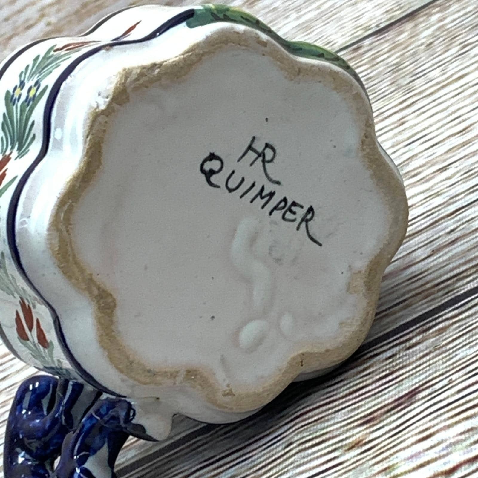 HR Quimper Hand Painted Floral Mug Blue Handle Vintage Signed