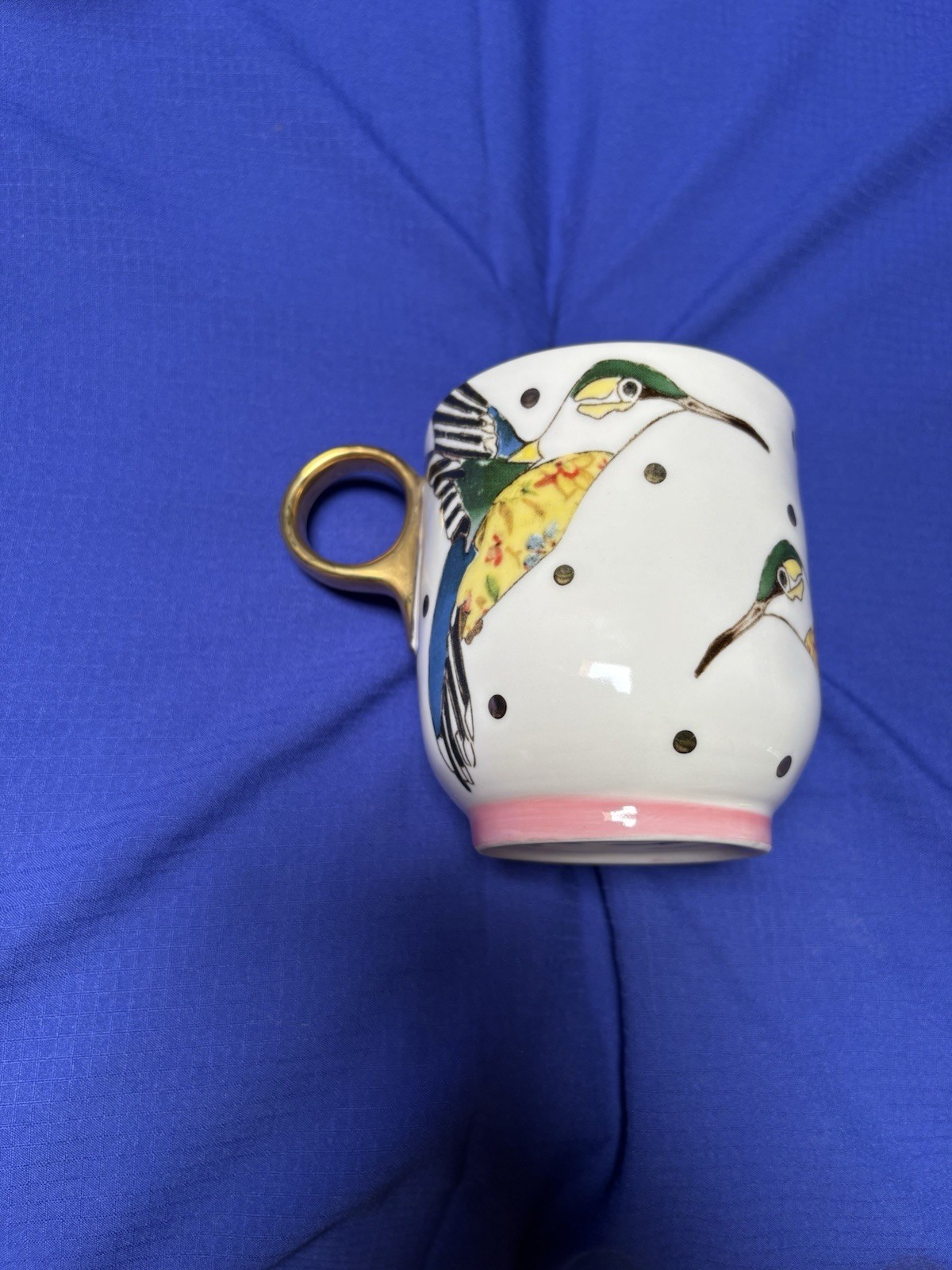 Lee Page Ceramic 3 Hummingbird Coffee Mug White Pink Gold-Tone Handle Decorated