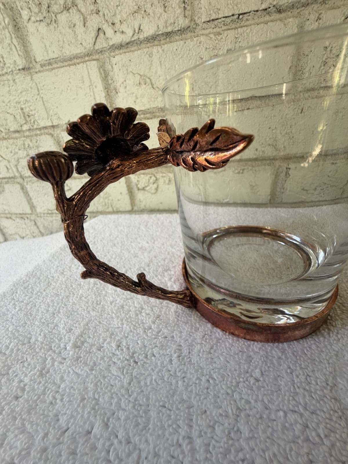 Clear Glass Mug 8 fl oz Copper-Tone Floral Metal Handle & Base Rustic Decor