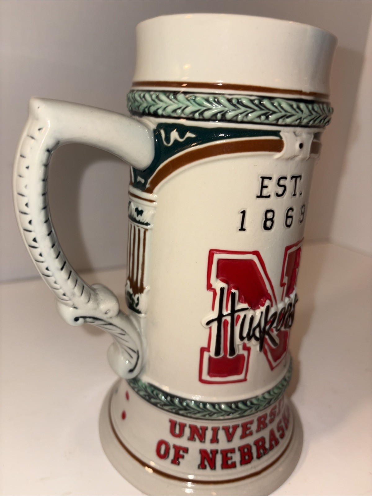 VINTAGE UNIVERSITY OF NEBRASKA MUG STEIN CORNHUSKERS 7.5” POTTERY LARGE