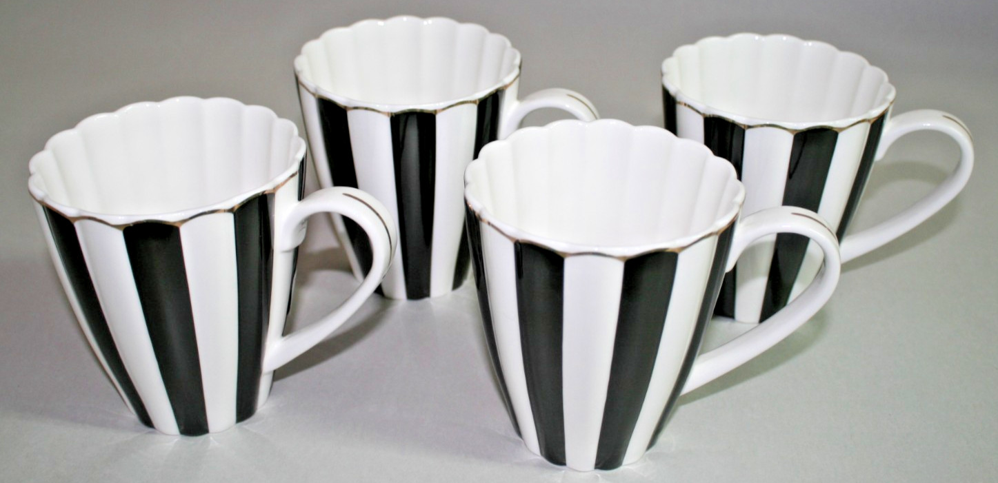 Grace Teaware Black & White Scallop Josephine Gold Rim Porcelain Coffee Mug New
