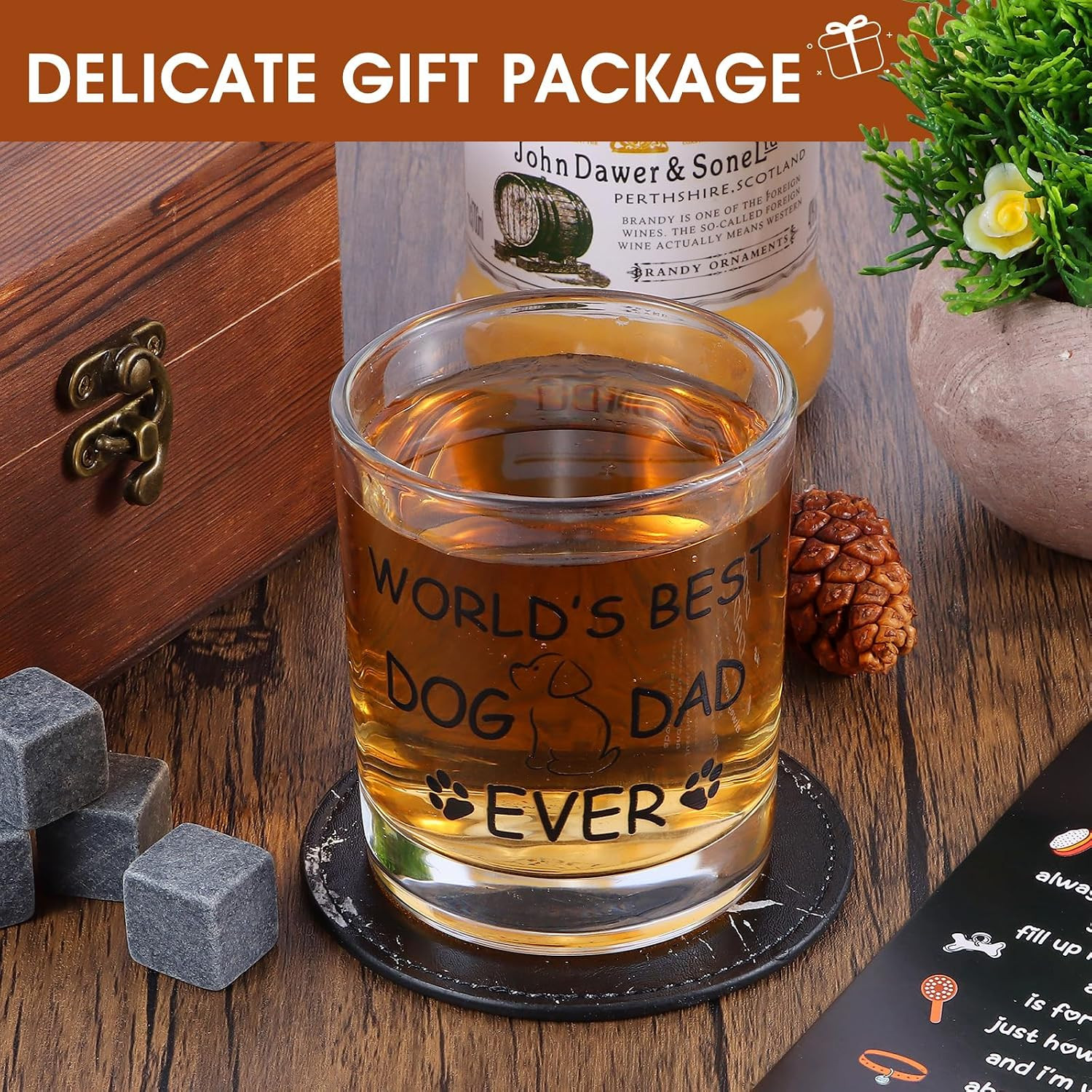 Dog Dad Gifts, Best Gift for Dad, Gift with 12Oz Whiskey Glasses, Stones, Coaste