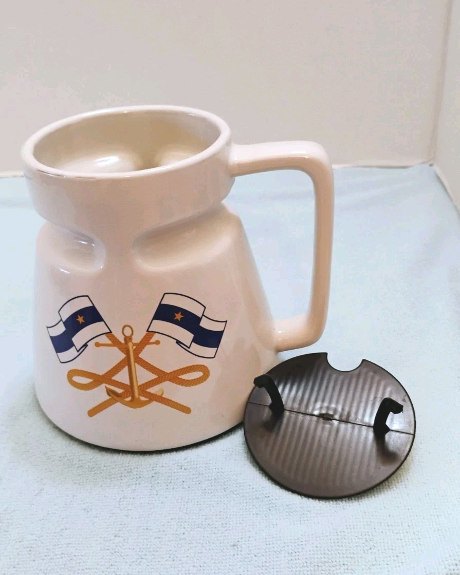Galleyware Non-spill Drink/Coffee Mug W/Lid, Nautical Flag Anchor Navy