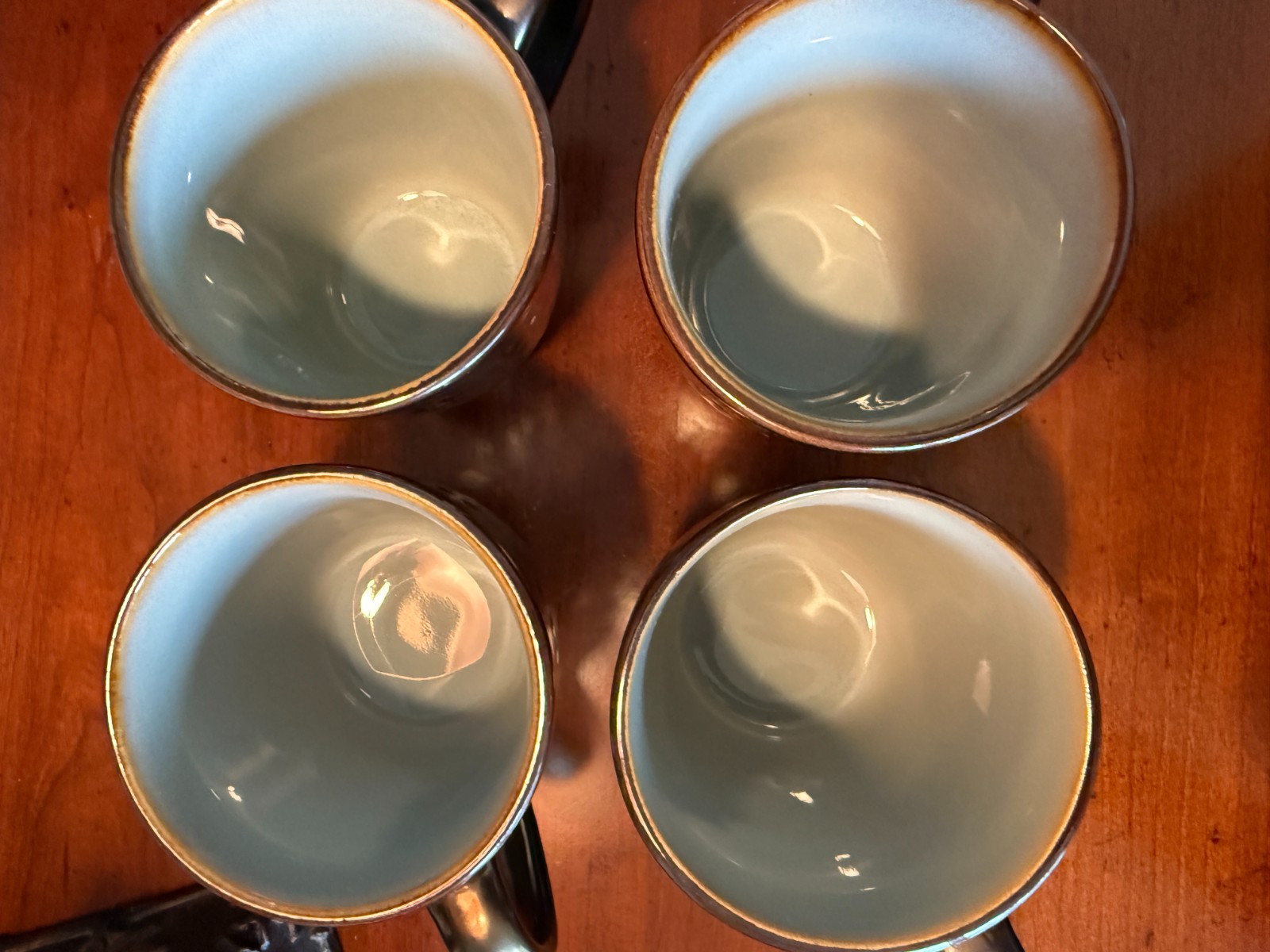 SET of 4 HAMMERED BRONZE Food Network ANGELICA Blue Inside 12oz Stoneware MUGS