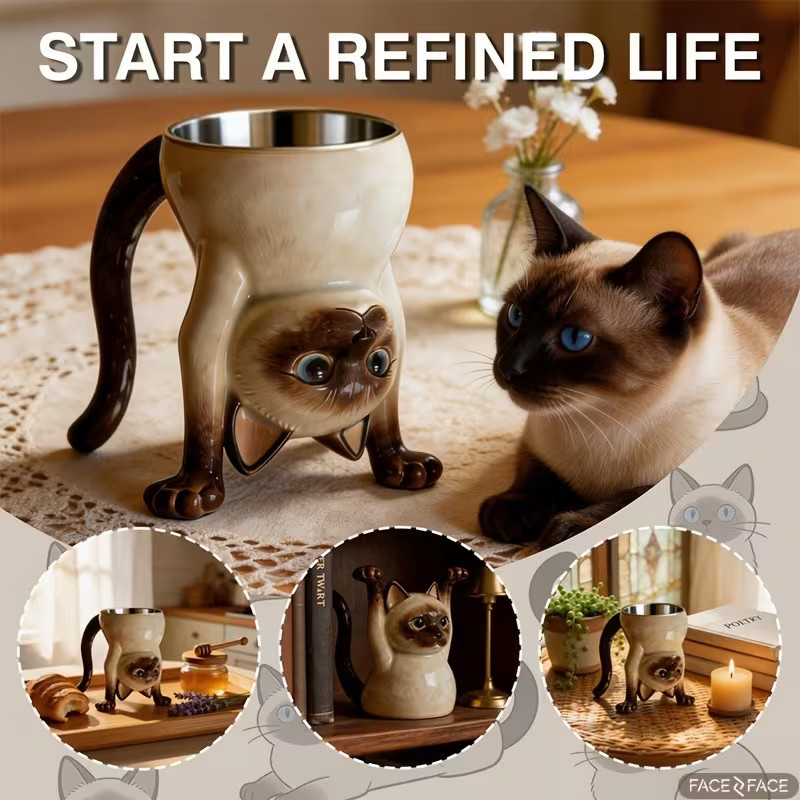 5.07oz 3D Inverted Siamese Cat Coffee Mug Cute Desk Decor Holiday Birthday Gift