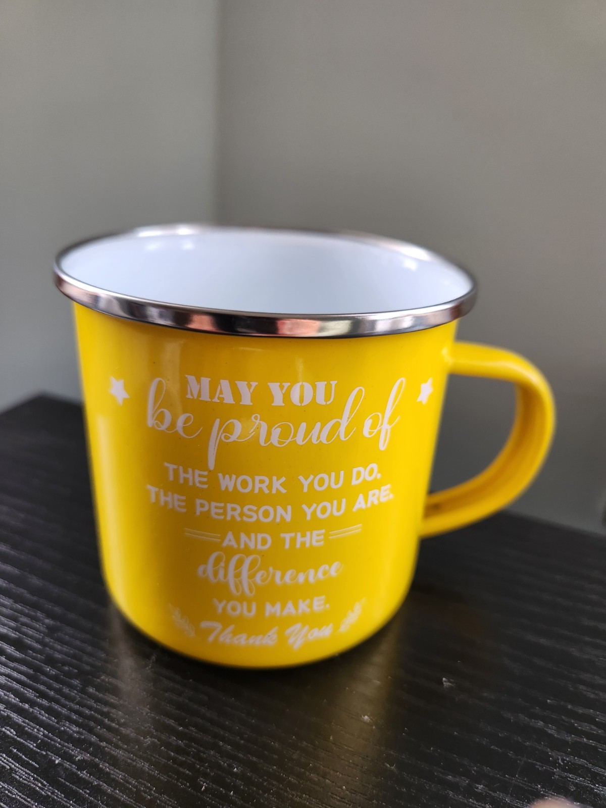 New Enamel ‘May You Be Proud’ Mug Cup Yellow outside White inside unbrand