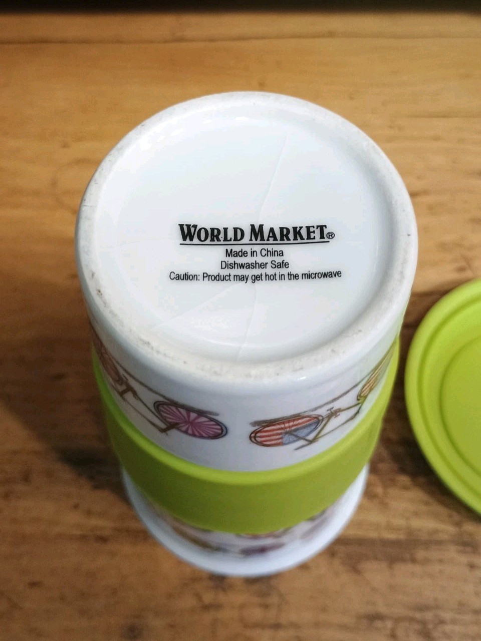 World Market Bicycle Ceramic Travel Mug with Grip and Lid – White / Green