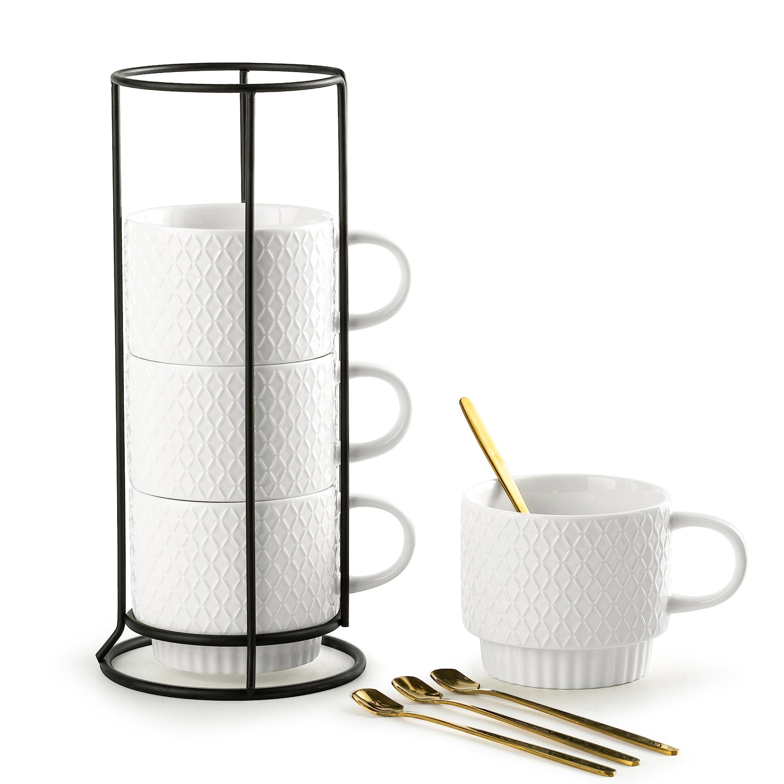Stackable 13oz Coffee Mugs Set of 4 with Stand & Spoons, White