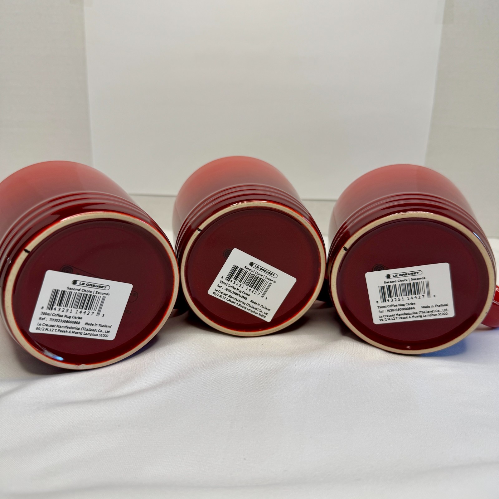 3 Le Creuset Mugs Cerise 12 oz 350ml Stoneware Coffee Red Ombre Seconds NEW Set