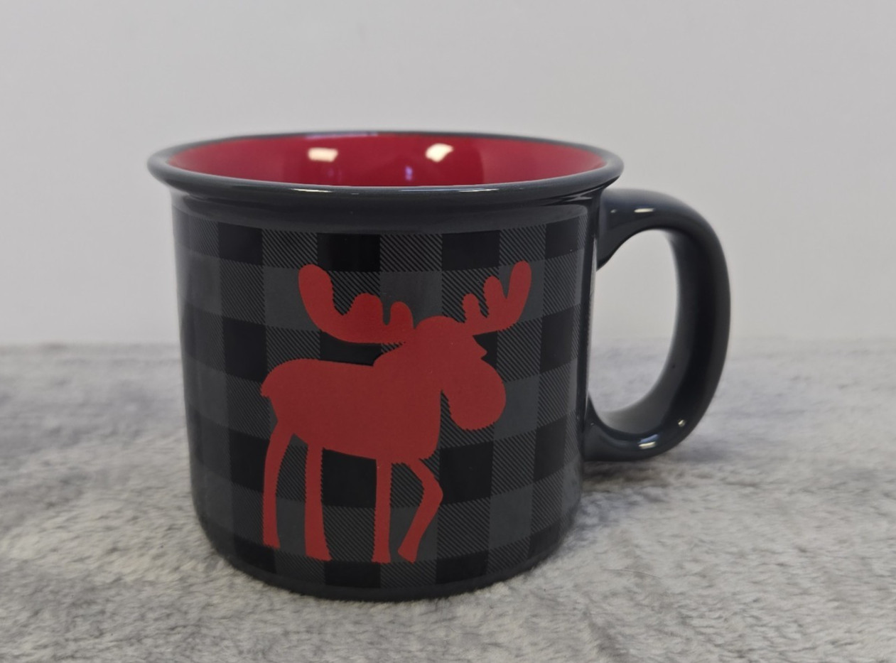 Lazy One, Black Grey Plaid, Red Moose & Inside Tea Coffee Mug 14 oz.
