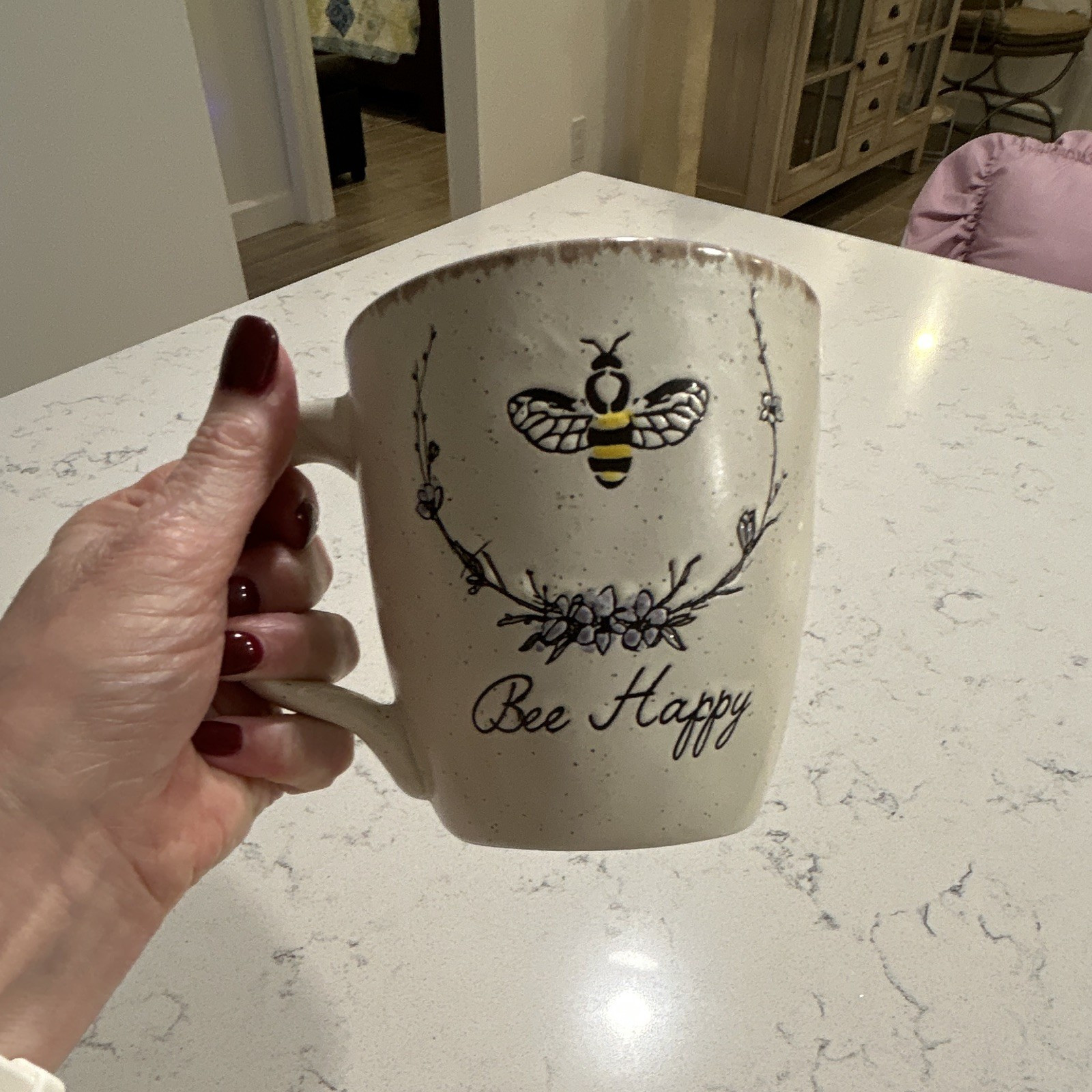 Bee Happy Bee Ceramic Coffee Mug 14 fl oz White Speckled Purple Interior
