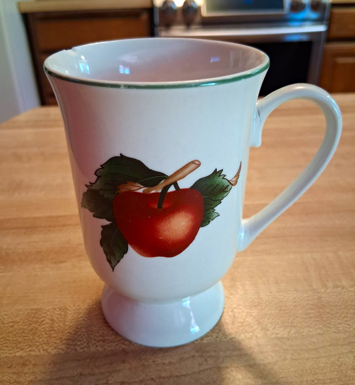 Ceramic Pedestal Coffee Mug 12 fl oz White/Green/Red Fruit Pattern Green Rim