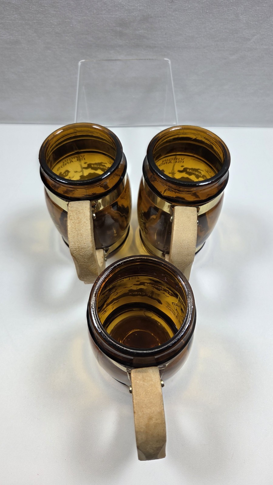 Vintage Amber Glass Set Of 3 Virgin Islands Beer Barrell Mug With Wooden Handle