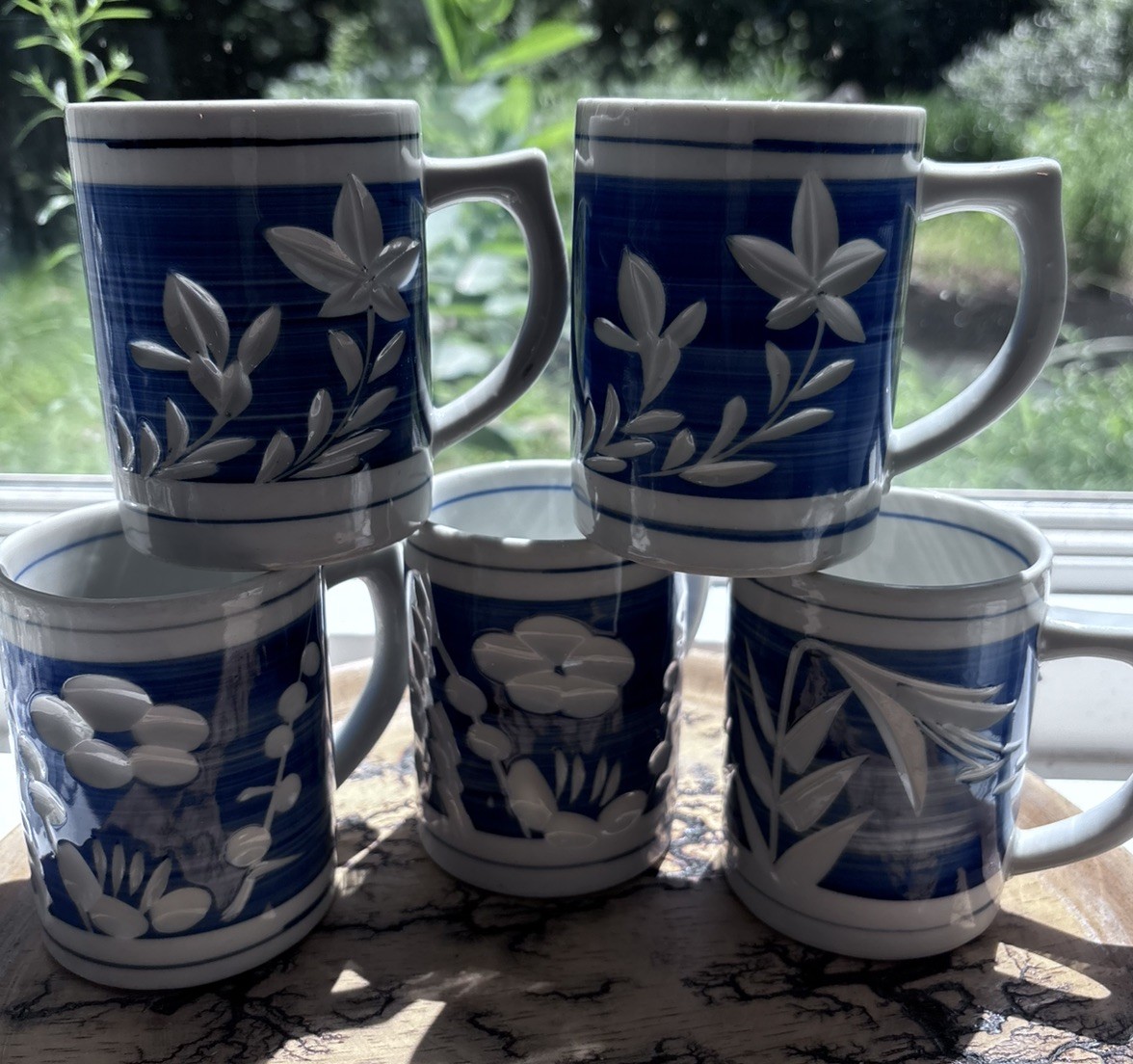 Vintage Cobalt Blue and White Inset Floral Pattern Japanese Coffee Mugs