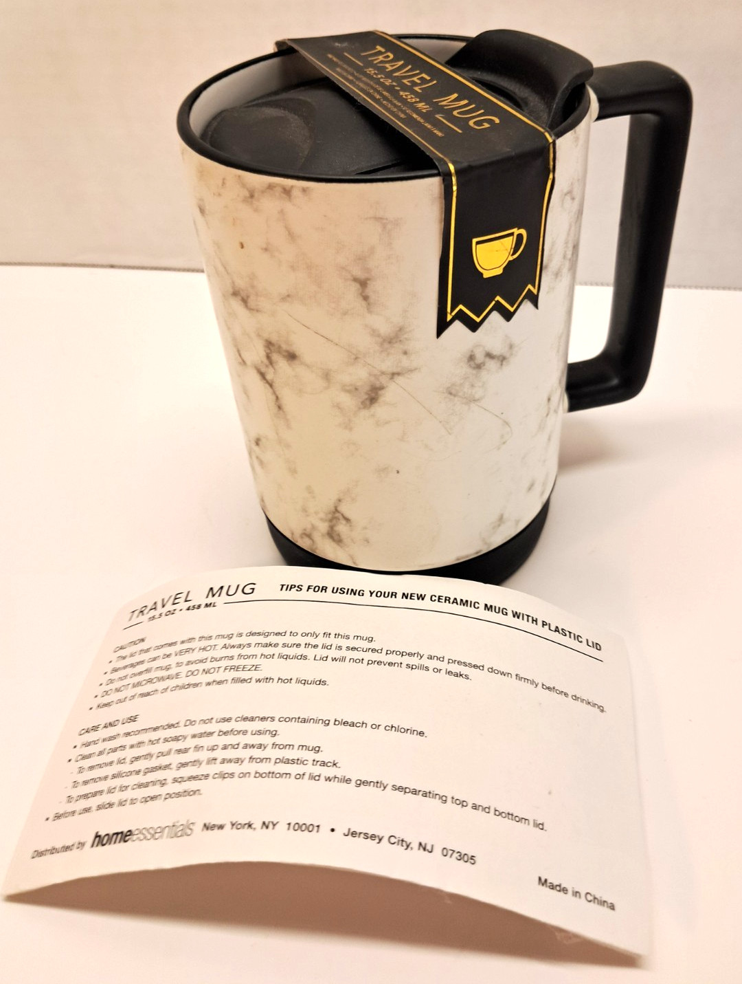 15.5 oz Travel Mug Home Essentials Marble Design Hot/Cold Closable Lid