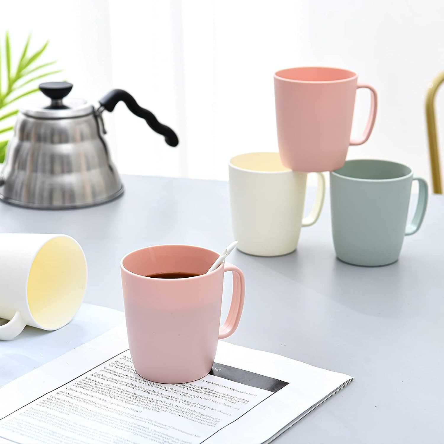 Coffee Mugs Set of 5, 10 Ounce Unbreakable Plastic Cups With Handle, 3 Basic