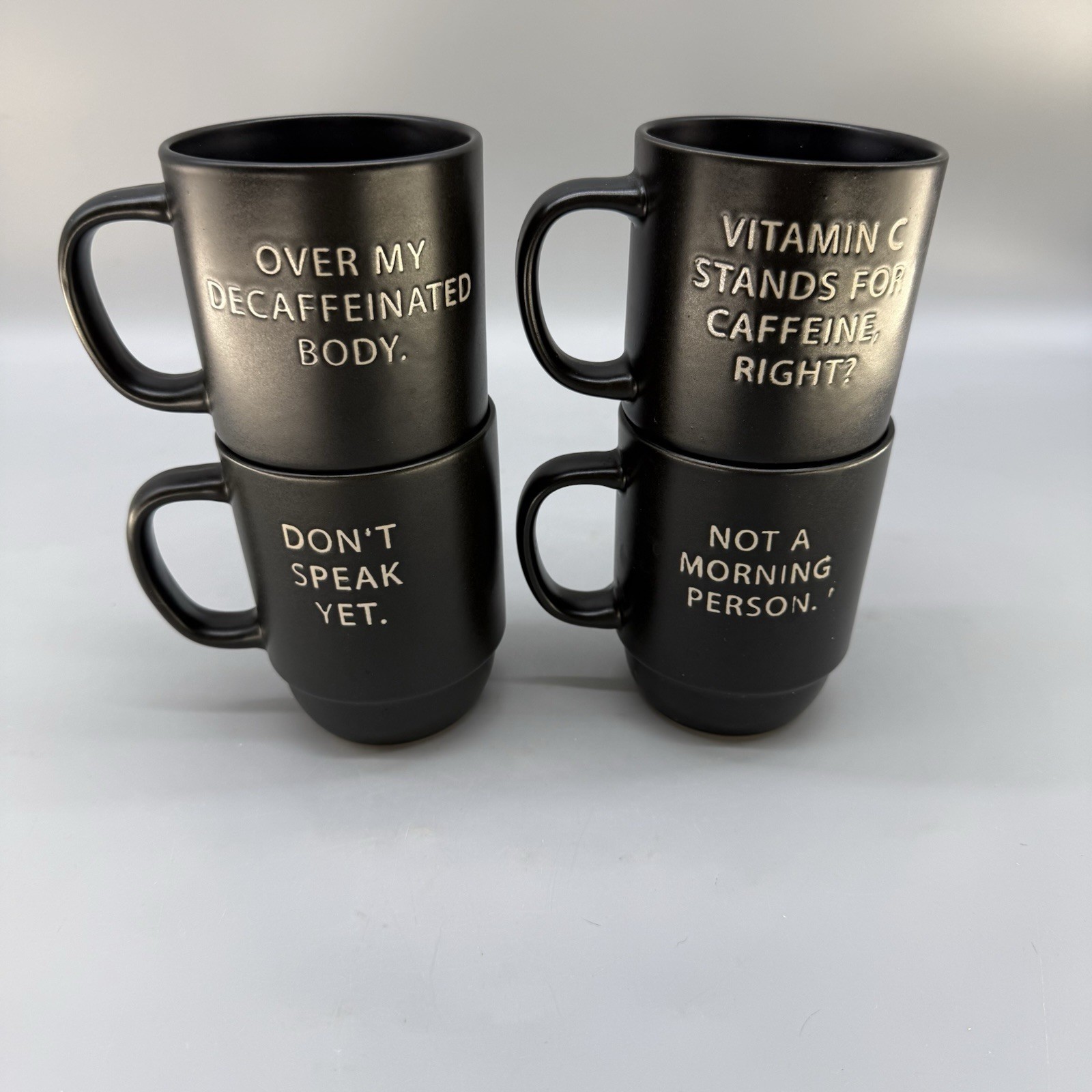 4 Boston Warehouse Black Coffee Mugs Snarky Funny Sayings Stackable Ceramic Cups