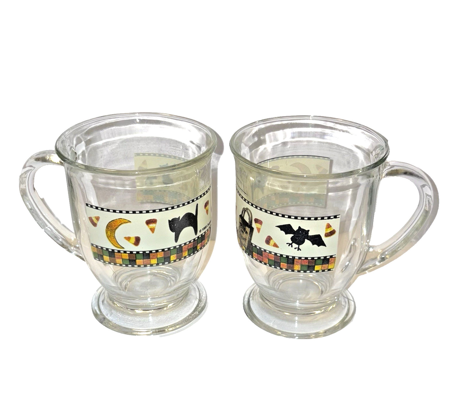 2 VTG Debbie Mumm Halloween Cat Bat Coffee Latte Mugs Footed Clear Glass 14 oz.