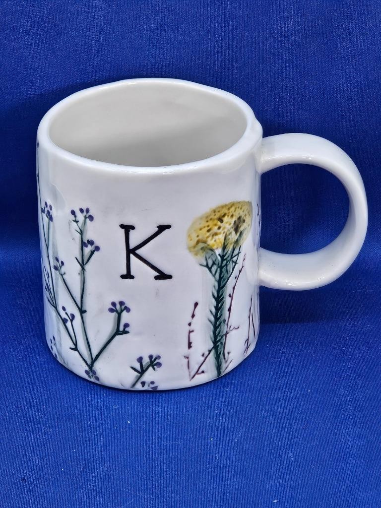 Anthropologie Dagny Monogram Letter K Coffee Mug Hand Painted Botanical Flowers